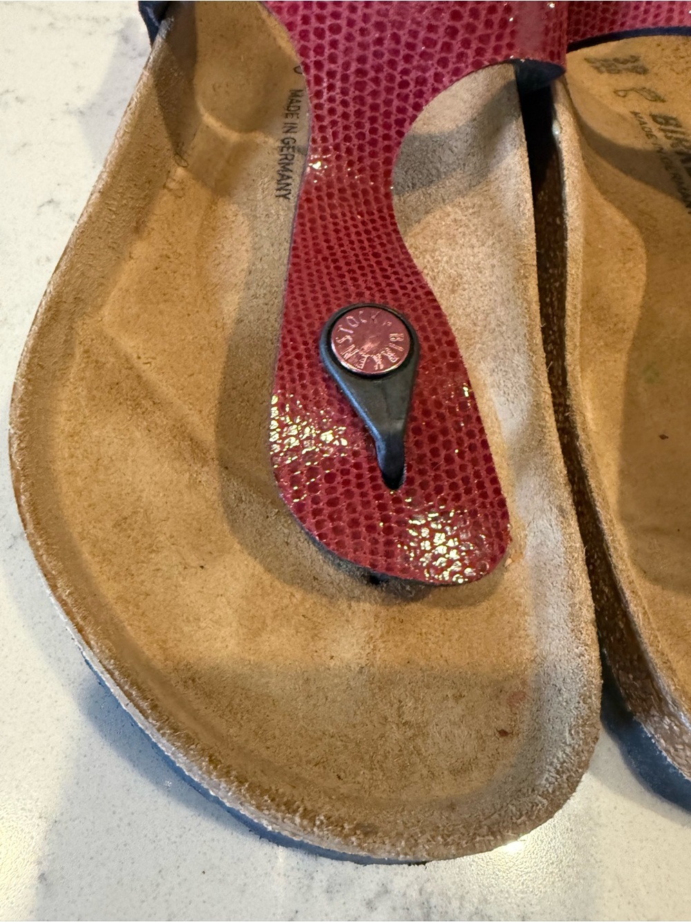 Birkenstock Brown Leather T-Strap Sandals with Gold Accents - Picture 12 of 16